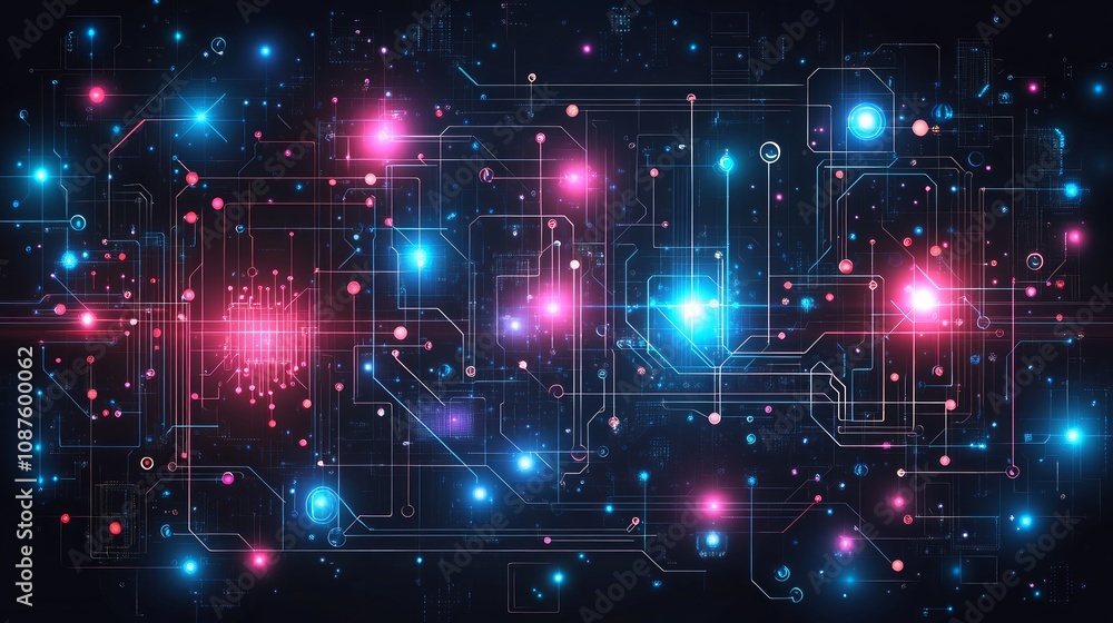 Poster abstract digital technology background with glowing circuit lines and nodes.