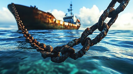 Close-up of a rusted chain in water with a distressed ship in the background.