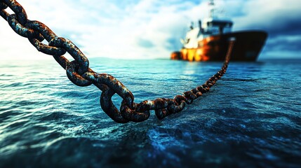 A rusty chain leads to a distant ship on calm waters under a dramatic sky.