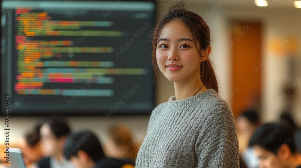 Poster a young woman smiling while standing in front of a large display in a busy learning environment