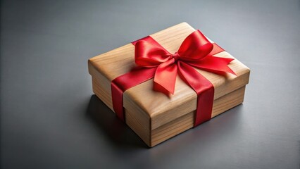 Fototapeta premium A simple wooden gift box with a bright red ribbon bow, signifying celebration and a special occasion.
