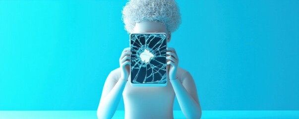 A person holds a cracked tablet in a vibrant blue setting.