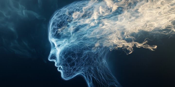 An abstract depiction of consciousness where a head or brain is formed from swirling waves of energy or light strands, representing mental thought processes or psychic awareness. 