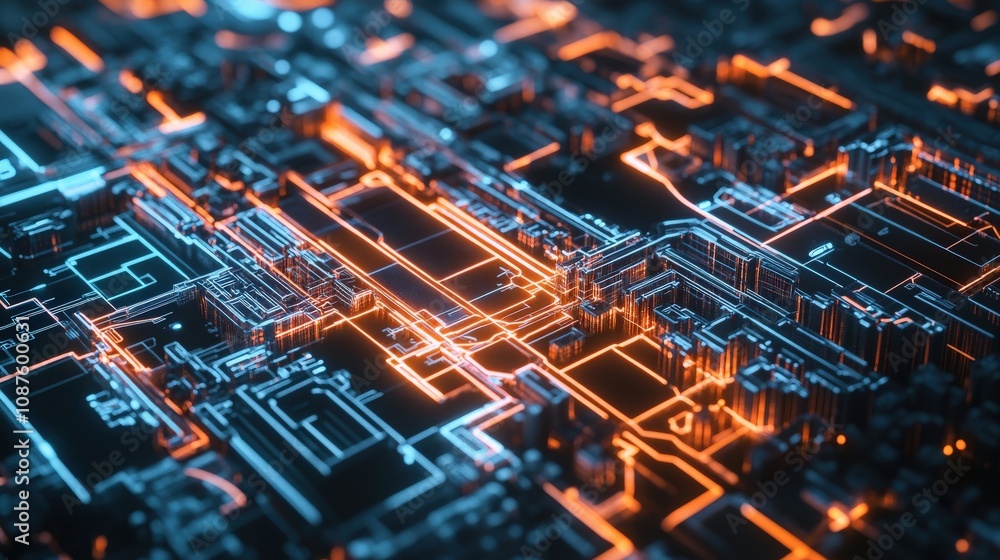 Aufkleber abstract 3d rendering of a futuristic circuit board with glowing orange and blue lines