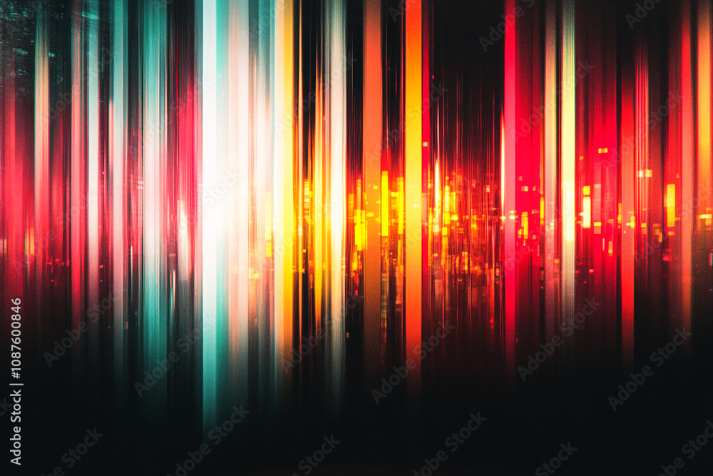 Poster vertical lines of light in various colors, predominantly red, orange, and teal, create an abstract, 