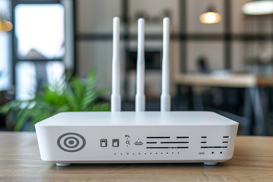 A white router device with a green circle on it with antennas stands on a wooden table