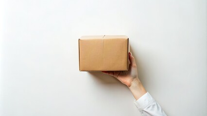 Minimalist Delivery Package Concept - Hand Holding Box on White Background