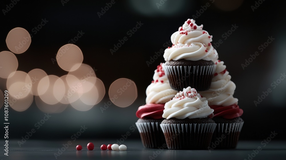 Poster three cupcakes stacked on top of each other with red frosting and white frosting