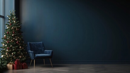 Dark Blue Room Wall Mockup With a Christmas Tree and Chair Creating a Minimalistic Festive Atmosphere