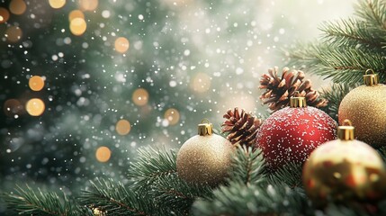 Obraz premium Christmas Background With Baubles, Fir Branches, and Snowflakes on a Shimmering Light Surface Evoking Festive Joy