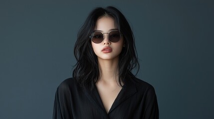 A woman with dark hair and sunglasses is standing in front of a blue background