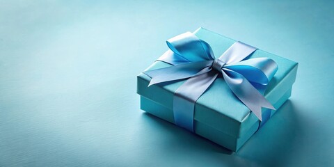 Obraz premium A light blue gift box with a satin ribbon, tied into a bow, resting on a matching blue background.
