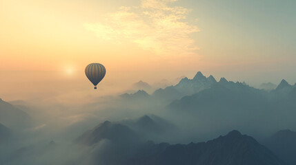 Fototapeta premium A single hot air balloon flying over mountains at dawn, surrounded by misty clouds