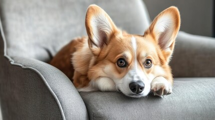 A relaxed corgi resting on a gray chair, showcasing its adorable features.