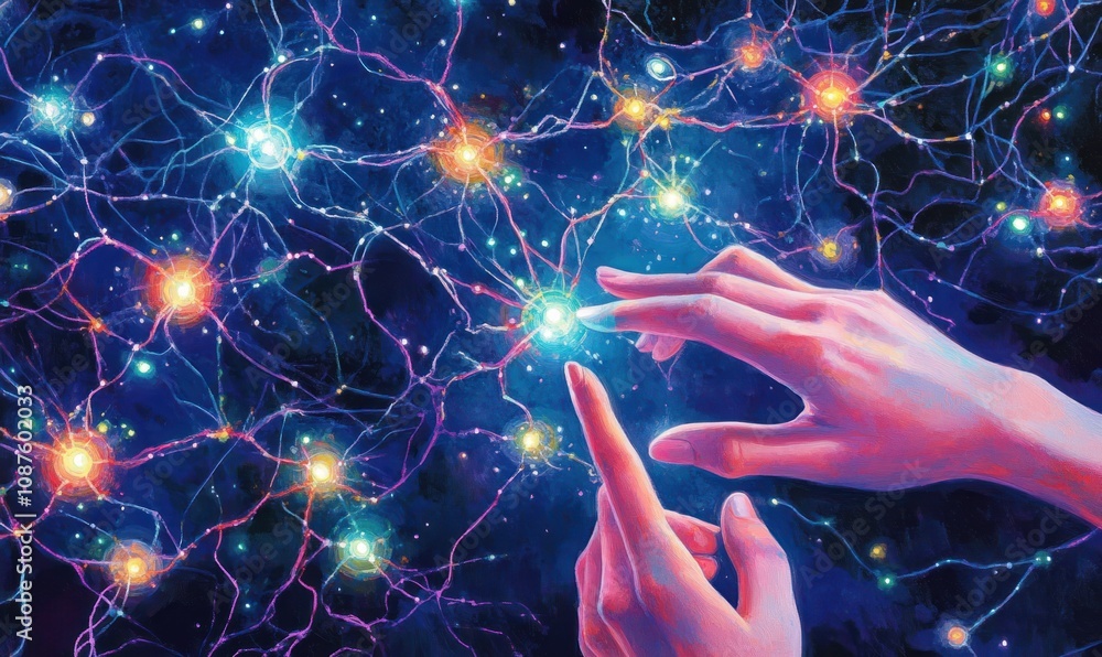 Poster Hands reaching towards a network of glowing neurons in a cosmic background.