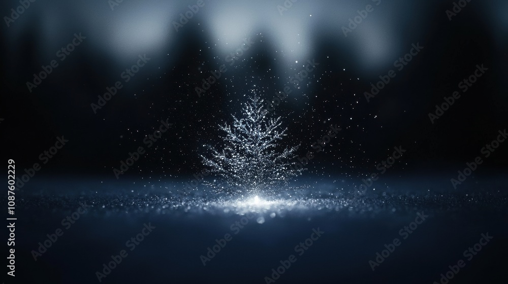 Poster a tree with snow on it is the main focus of the image
