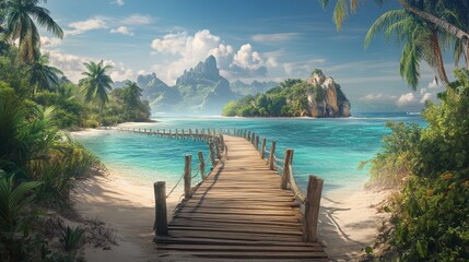 Scenic Island Water View with Lush Palm Trees and Wooden Path Leading to the Beach