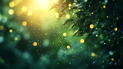 Beautiful green leaves sparkling with fresh morning dew under warm sunlight with a bokeh effect, perfect for nature and environment themes