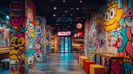 Fototapeta premium Colorful cartoon art brightens the hallway