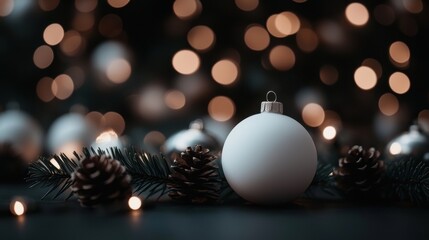 Fototapeta premium A white ornament sits on a black background with a few pine cones