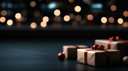 Three brown boxes with red ribbons on top of a dark blue background