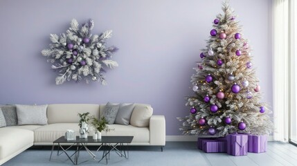 Fototapeta premium Christmas tree decorated with purple and silver ornaments illuminates a modern living room interior, providing an elegant backdrop for seasonal.