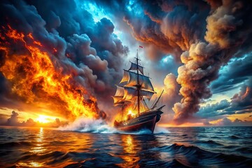 Obraz premium Surreal Scene of a Ship Engulfed in Flames on an Ocean Horizon, Blending Elements of Fire and Water in a Captivating Dreamlike Atmosphere