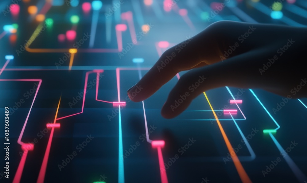 Poster a hand interacts with a vibrant, digital circuit board design, symbolizing technology and connectivi
