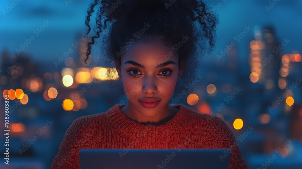Poster a woman works on her coding project from a rooftop workspace during twilight hours