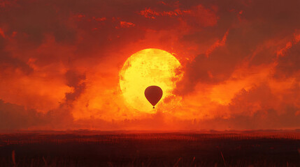 Obraz premium A single hot air balloon silhouetted against a fiery orange sunset over the plains