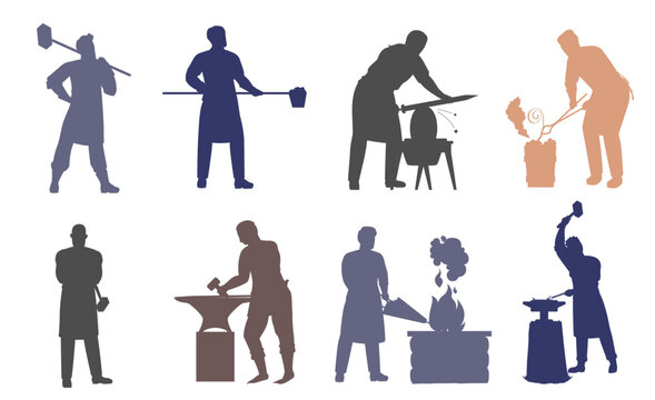Blacksmith characters at work colorful silhouette set. Skilled male person hitting, melting, tempering steel and crafting iron weapon vector illustration