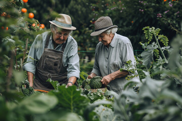 Two elderly adult couple work in a garden. The is wearing a hat.