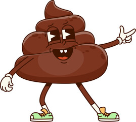 Cartoon poop emoji, happy toilet shit emoticon, funny poo excrement character with a confident expression, pointing with one hand, wearing sneakers and gloves, exuding a laid-back and humorous vibe
