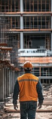 A male construction worker in an orange vest and hard hat observes a building site.