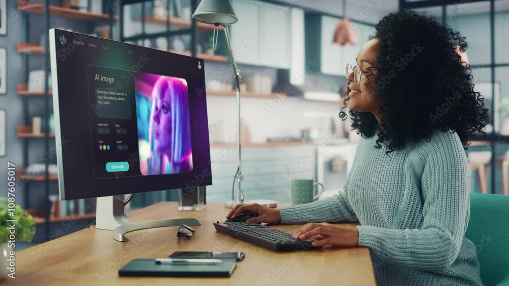 Poster Woman Operates a Computer With an AI Image Generation Interface. Screen Displays an AI-generated Portrait. the User Interacts With the Technology in an Office Environment.