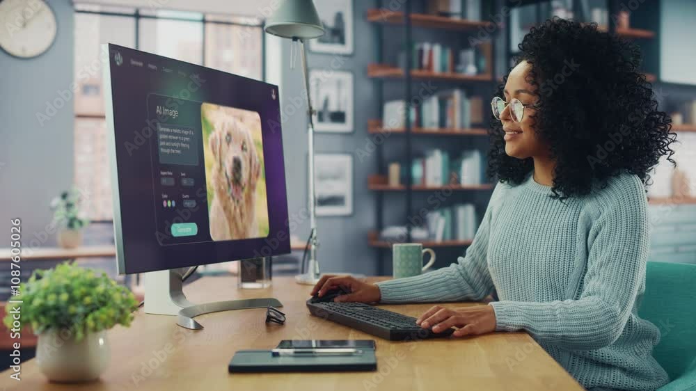 Fototapete black woman uses a computer with an ai chatbot interface. screen displays an image generation featur
