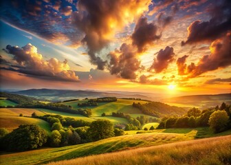 Fototapeta premium Surreal Sunset Over Countryside: A Dreamlike Landscape with Vivid Colors, Rolling Hills, and Ethereal Clouds Reflecting Warm Hues in a Tranquil Evening Scene