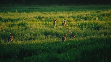 Group of European rabbits foraging together in an open field, each exploring a different part of the green meadow.