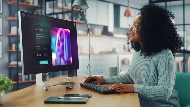 Woman Operates a Computer With an AI Image Generation Interface. Screen Displays an AI-generated Portrait. the User Interacts With the Technology in an Office Environment.