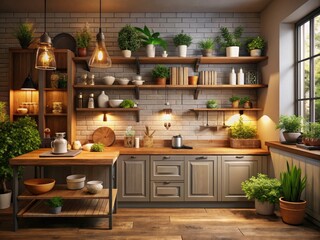 Modern Farmhouse Kitchen Night Photography with Wooden Countertops and Shelves for Wall Mockup
