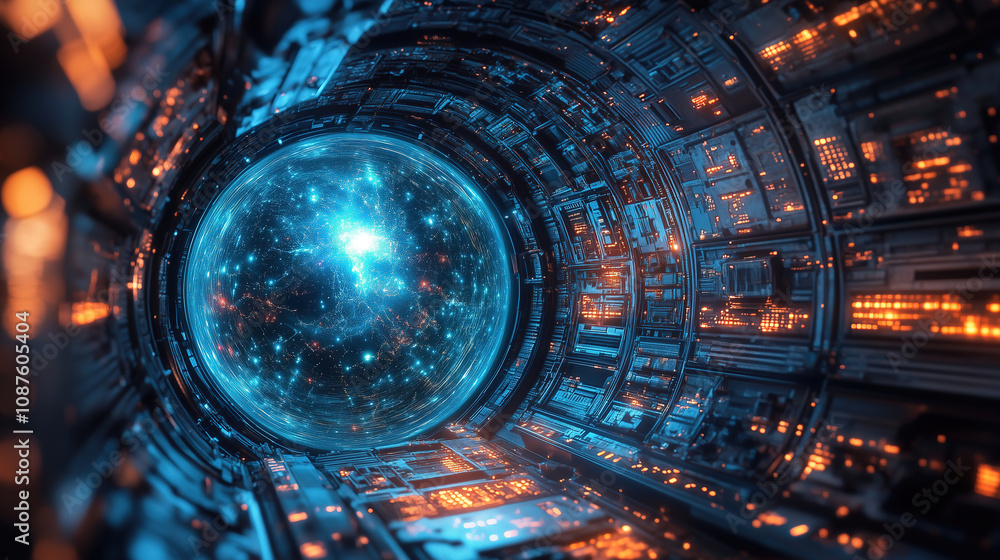 Poster a futuristic tunnel with glowing lights and a cosmic portal at its end, showcasing advanced technolo