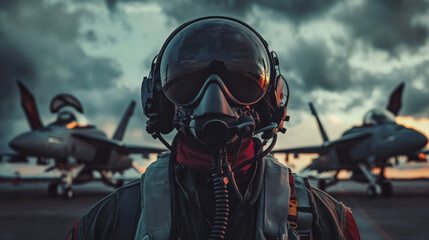 Fototapeta premium Pilot in front of military plane 
