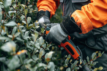 A man is cutting branches off of a bush with a hedge trimmer. He is wearing orange and gray gloves.