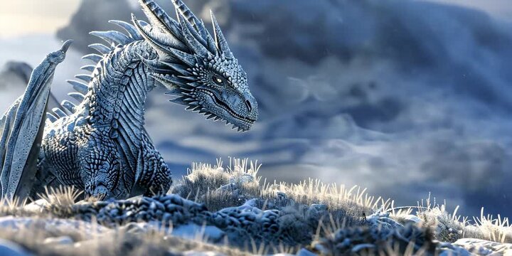 Frost-breathing dragon overlooking a frosty tundra, 4K Video