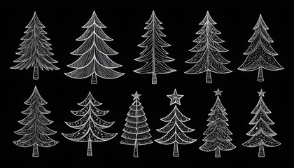 Obraz premium set of christmas tree graphic art with line doodle hand drawn vector illustration isolated on black
