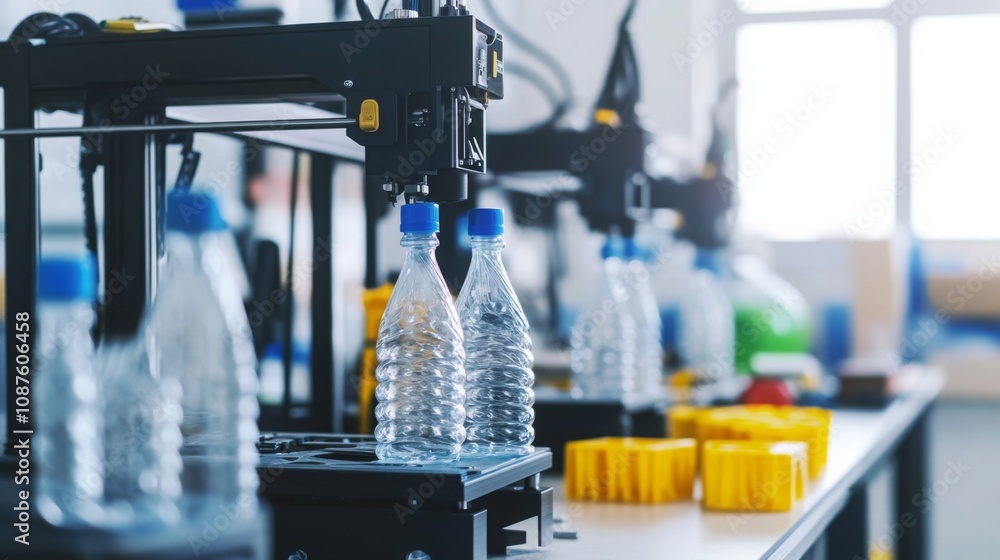 Fototapete Close up of water bottles on a production line, being filled by a machine. Some bottles have been filled and are ready to be capped.