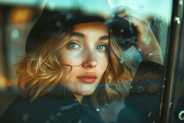 A woman with blue eyes and a hat is looking out of a car window. Scene is contemplative and introspective.