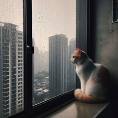 A gray-orange cat sits on the edge of a window with raindrops clinging to the glass outside the window is a high-rise building in the city.