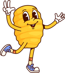 Italian pasta Gnocchi groovy cute character. Gnocchi wheat noodle dish comical mascot, Italian restaurant raw gourmet or Italy cuisine menu tasty pasta cartoon groovy isolated vector personage