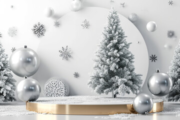 A Christmas tree is surrounded by snow and silver ornaments. The tree is the focal point of the image, and the snow and ornaments create a festive and joyful atmosphere.